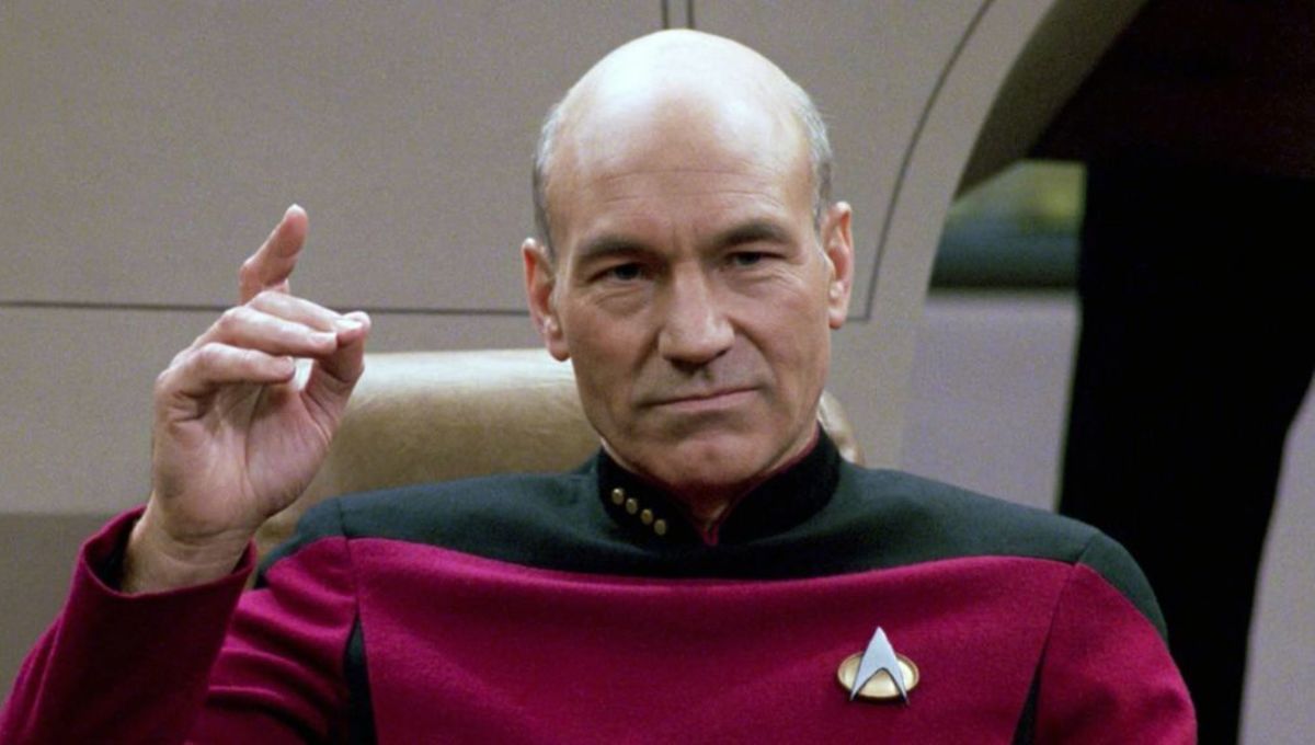 Picard on the bridge of the Enterprise, about to "Engage"
