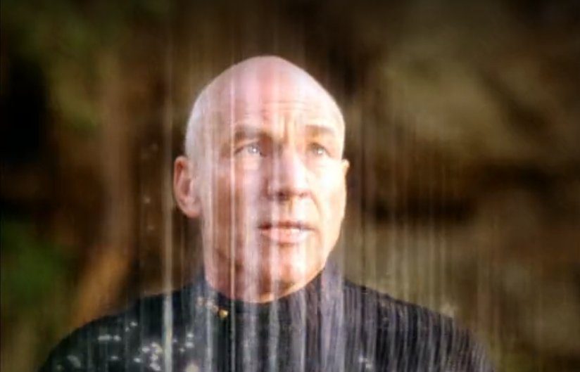 Picard as The Enterprise tries to transport him away