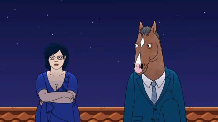 BoJack and Diane sit on the roof in wedding attire