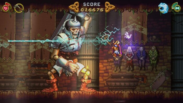 A screenshot from Battle Princess Madelyn shows her battle a gigantic skeletal knight.