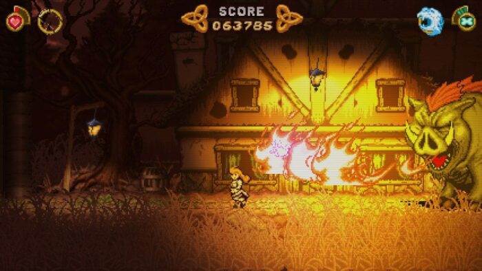 A screenshot from Battle Princess Madelyn, shows her avoiding the fire of a giant yellow bovine creature with orange hair.