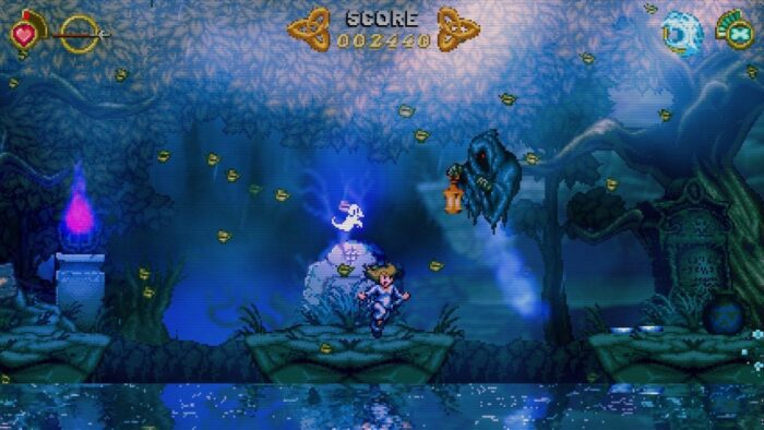 A screenshot from Battle Princess Madelyn shows her being watched by a cloaked specter with a lantern.
