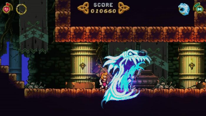 A screenshot from Battle Princess Madelyn shows her battling a large spectral ghost.