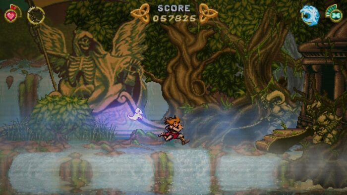 A screenshot from Battle Princess Madelyn, shows her running through a twisty treed forest.