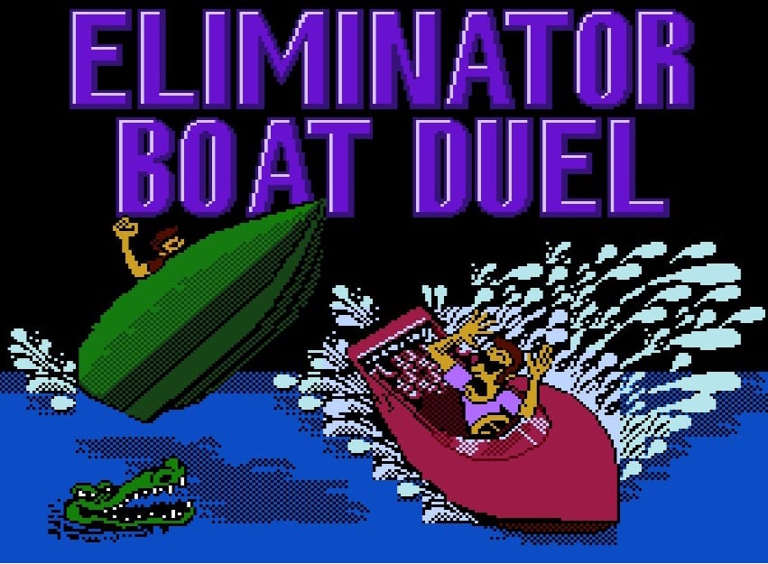 Eliminator Boat Duel title screen. One speed boat triumphantly skips over another speed boat and its frightened driver.