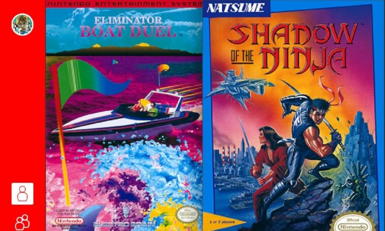 Game selection screen featuring the box art for Eliminator Boat Duel and Shadow of the Ninja