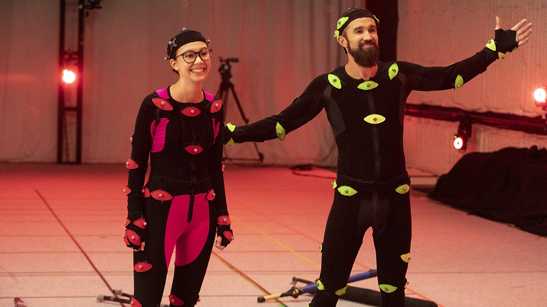 Poppy (left) and Ian (right) preparing the motion capture for the unmasking of the Masked Man