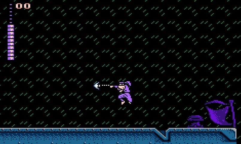 Ninja uses a hook-like weapon in a realistic as heck rain storm.