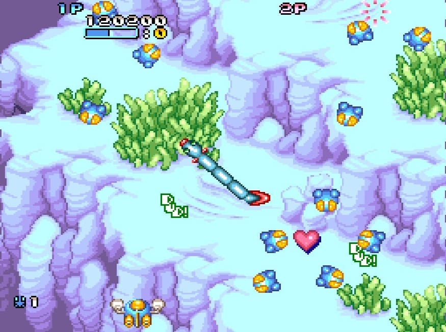 The water level of Twin Bee features aquatic enemies.