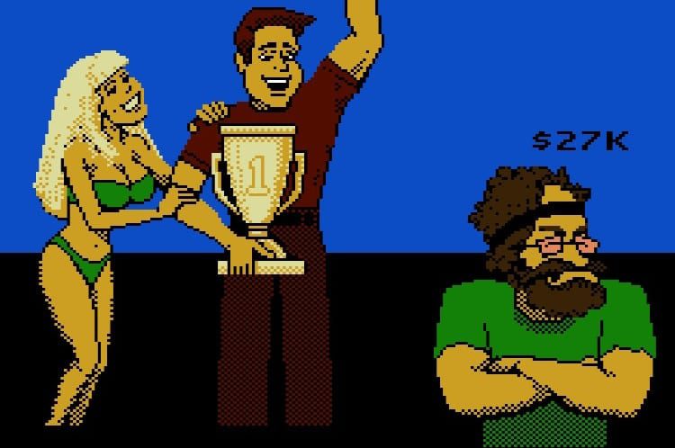 You receive a trophy from a blonde in a bikini, as the hippie guy scowls.