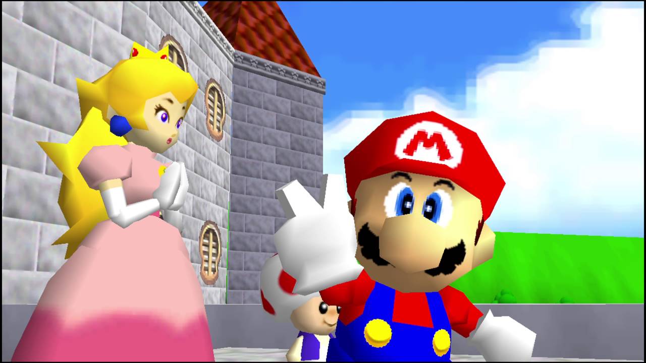 Mario at the end of the game standing next to peach, looking at the player and doing a peace sign