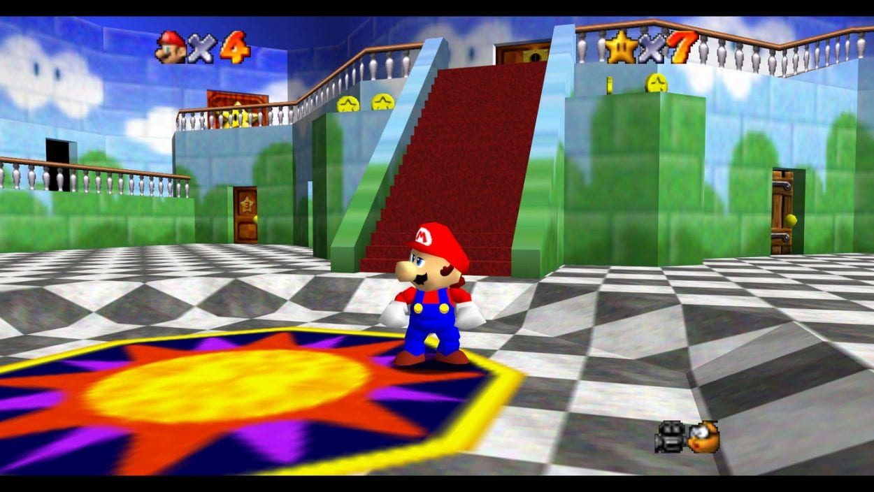 mario standing in the hub world of the game, the lobby of peach's castle, looking towards the player