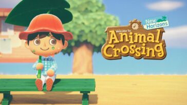 An Animal Crossing villager sits on a bench with the AC logo next to him