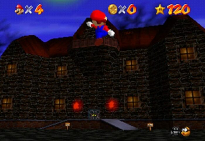 Super Mario 64 image of Mario in front of the haunted house.