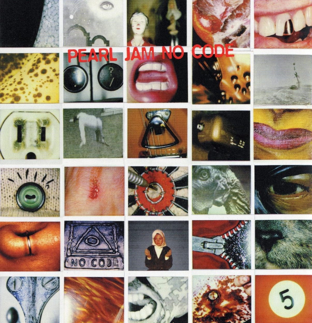 A six-by-five grid of small polaroid pictures, with Pearl Jam No Code written in red font.