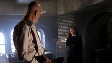 Dr Arden and Sister Jude, in Arden's laboratory