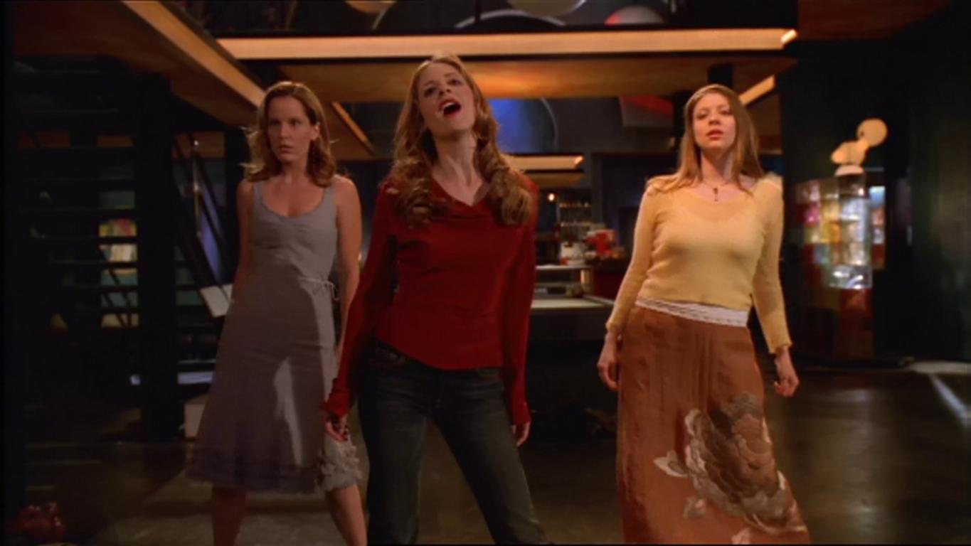 Buffy singing with Anya and Tara as backup