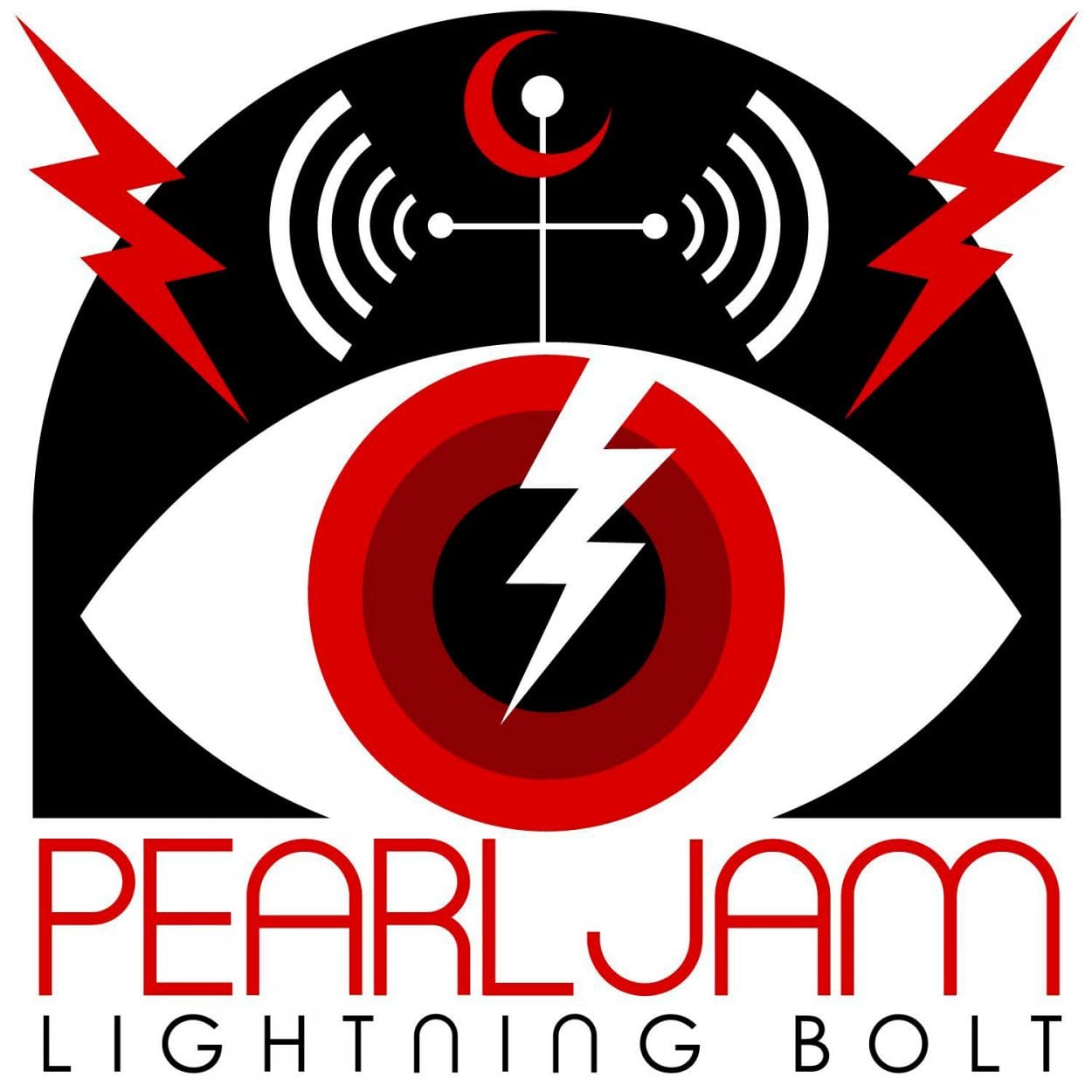 Art deco stylings of an eyeball with a red iris, and a white lightning bolt Image on it. An antenna is above it, appearing to broadcast signals from it.