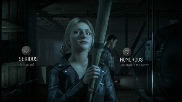 Sam from Until Dawn holds a bat. On either side of the screen are choices for a serious or humerus response when asking about the bat. 