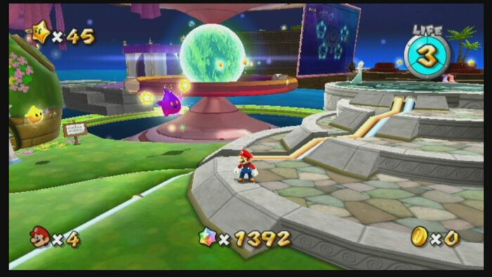 Mario on the central hub world of the game, the space station
