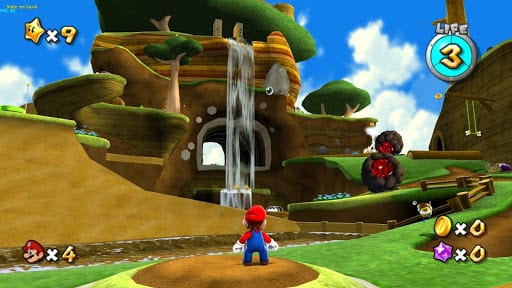 Mario staring out into the world of the honeyhive galaxy
