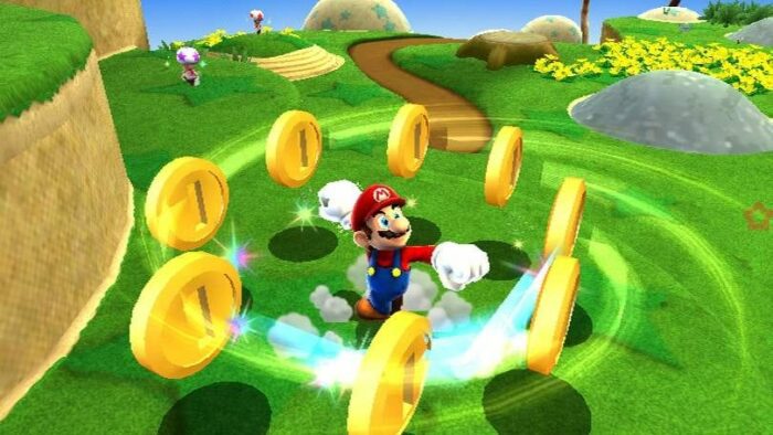 mario doing his signature spin move in a circle of coins