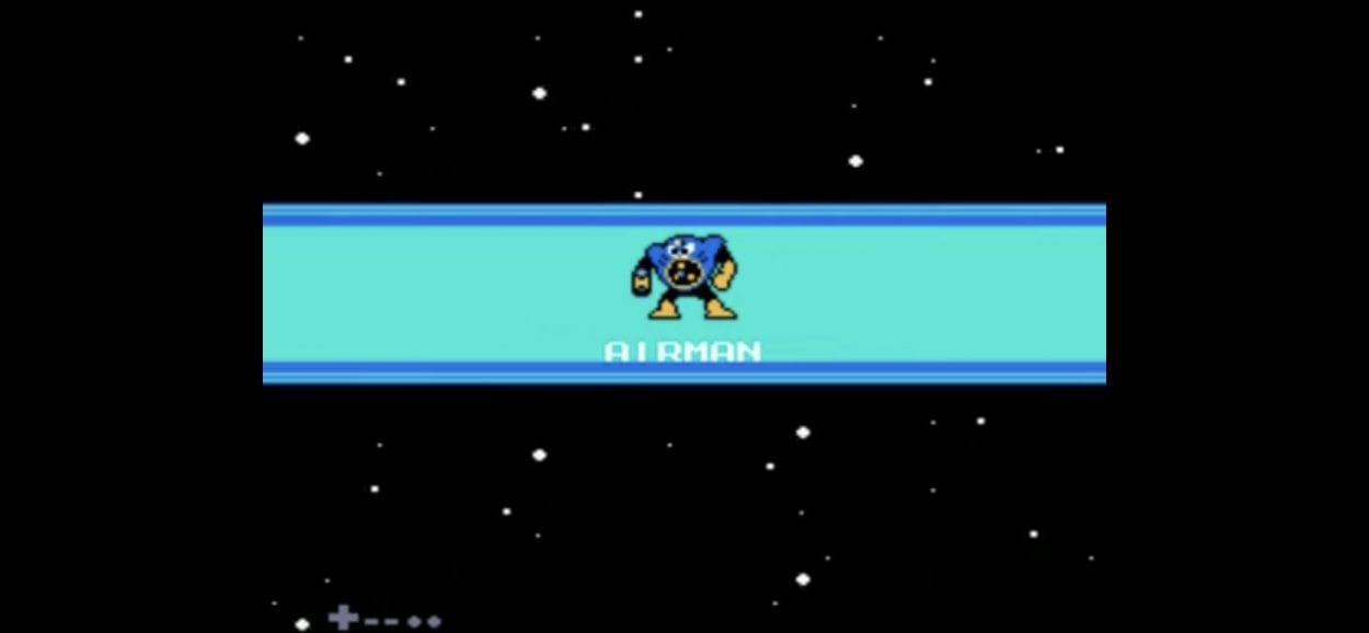 In front of a star field is a blue bar with a round blue and yellow robot with a fan where its mouth should be.