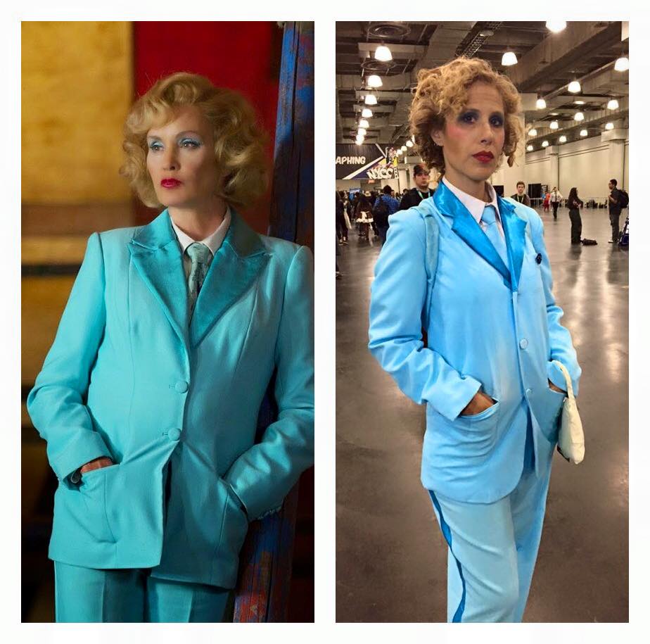 Side-by-side pics of Elsa Mars and Cat Smith's cosplay of the same David Bowie-inspired outfit