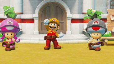 Mario and the Toads celebrate rebuilding Peach's castle.