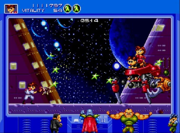 Gunstar Heroes final battle as the villains of the game look on.