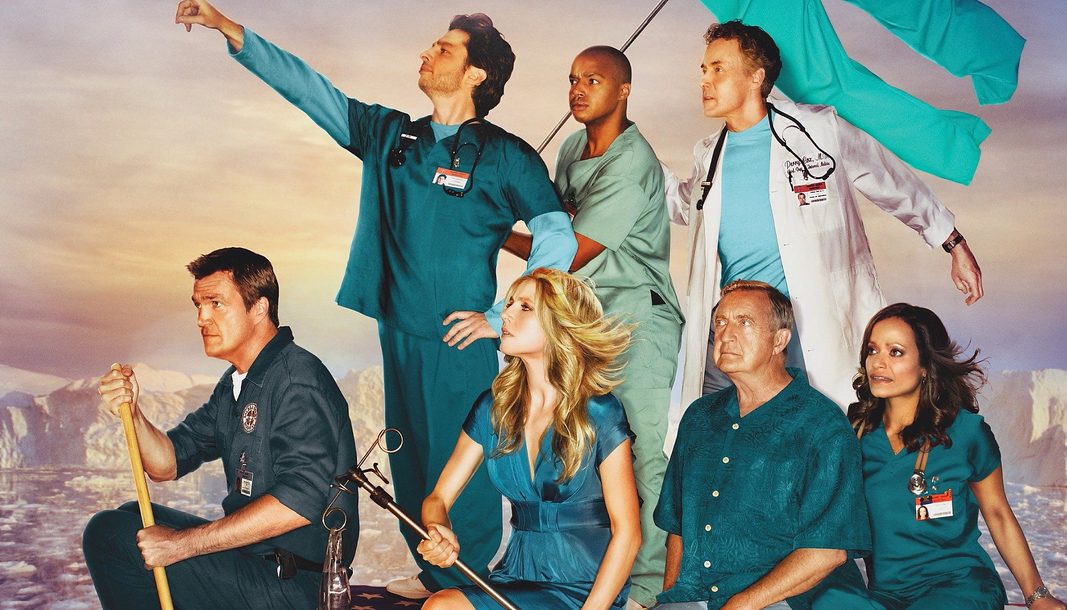 The cast of Scrubs sail in a boat