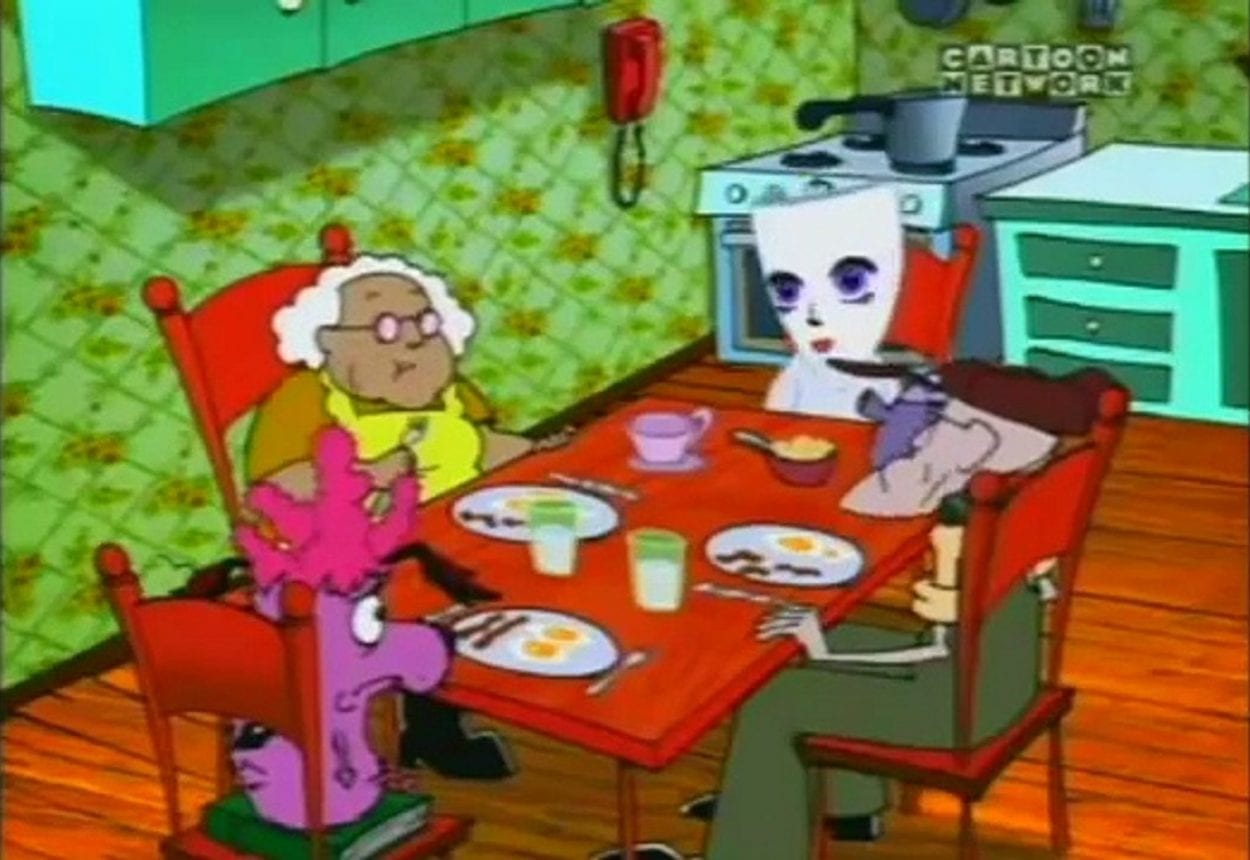 Kitty, wearing a mask, sits with Courage, Muriel and Eustace talking about why she had to leave her home.