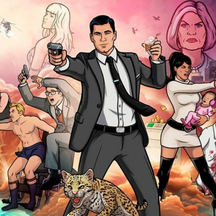 promo art for Archer with Archer shooting a gun, and all other charcters striking a pose behind him