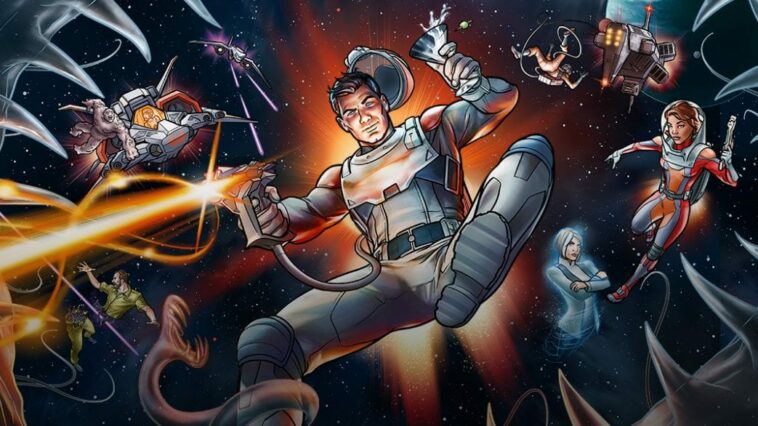 Archer shooting a gun in space with the other characters behind him