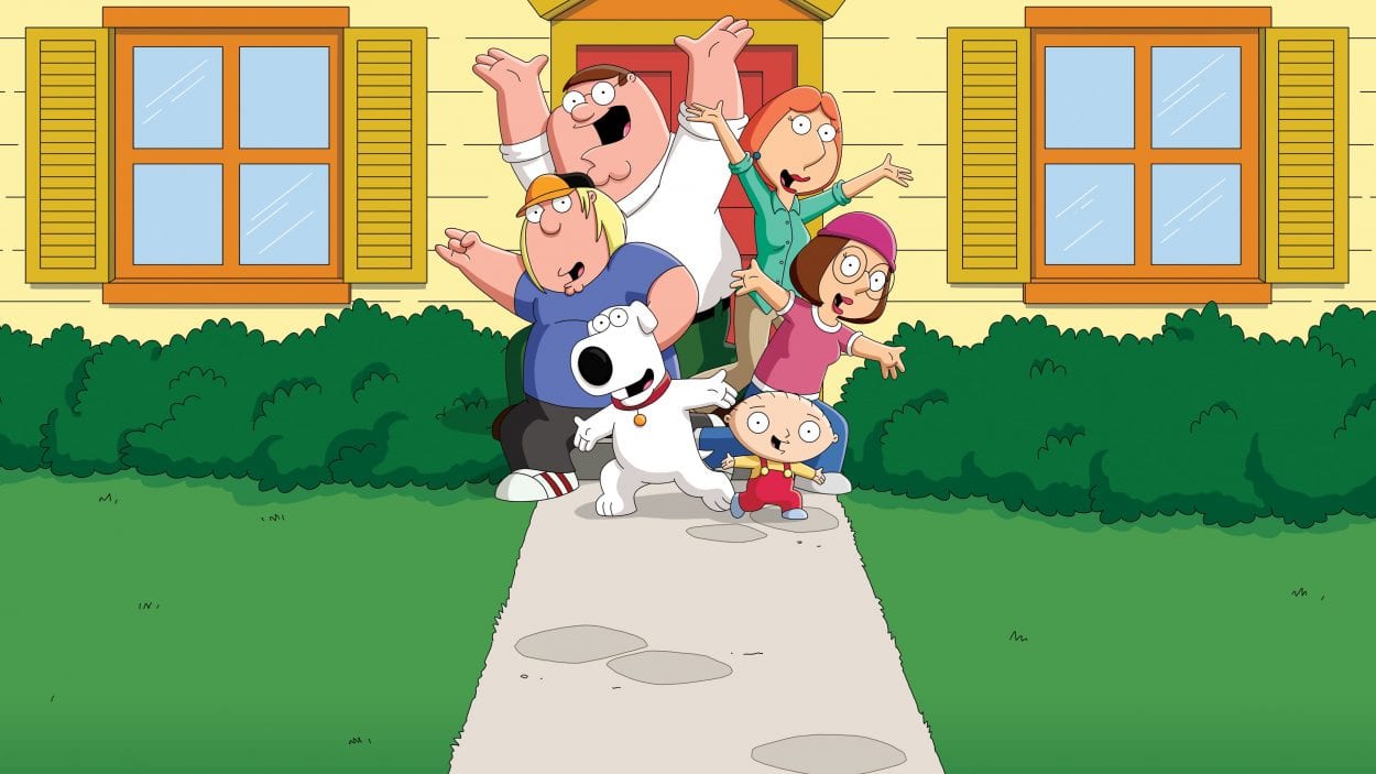 Family Guy main characters all jumping and looking forward