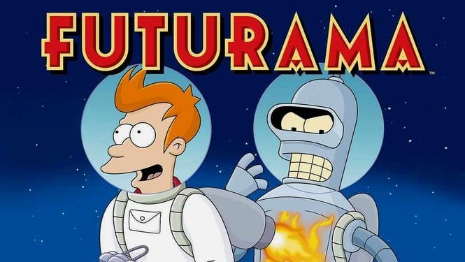 Futurama logo art with Fry and Bender out in space