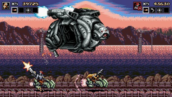 Blazing Chrome is a classic shoot em up. In this scene two character rides a motor bike and fires at an enemy copter.