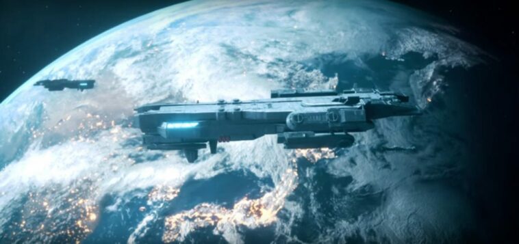 Space ship flies above a planet in promotional video for Species album
