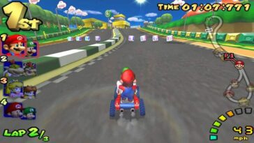 Mario and Luigi racing in Mario Kart Double Dash for GameCube