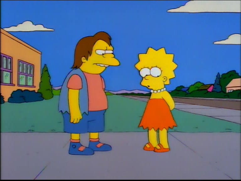 Lisa stands awkwardly beside Nelson outside the school