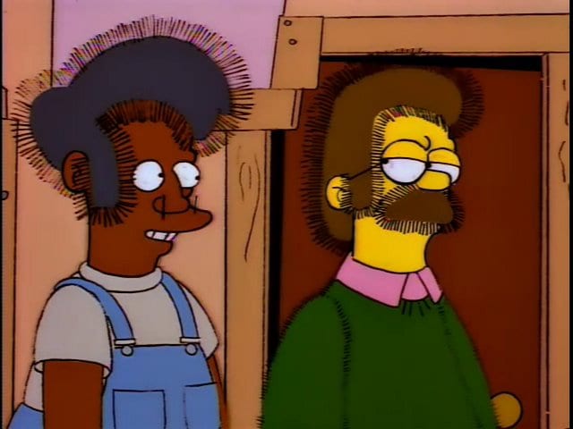 Apu and Ned's hair stands on end from static electricity in Ned's rebuilt house