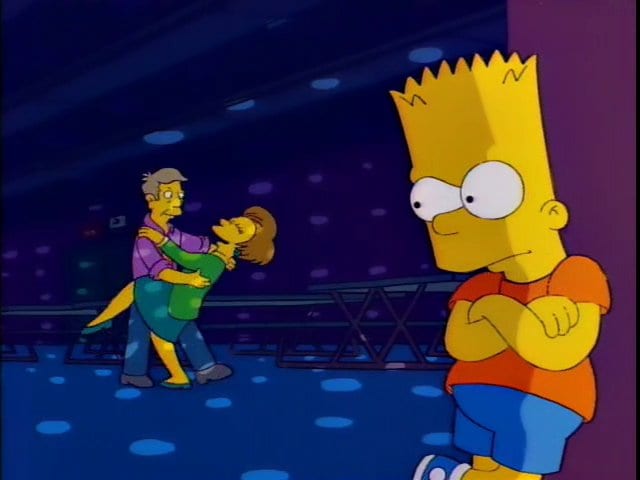 Bart looks miserable, as Skinner and Krabappel dance in the background under romantic lighting