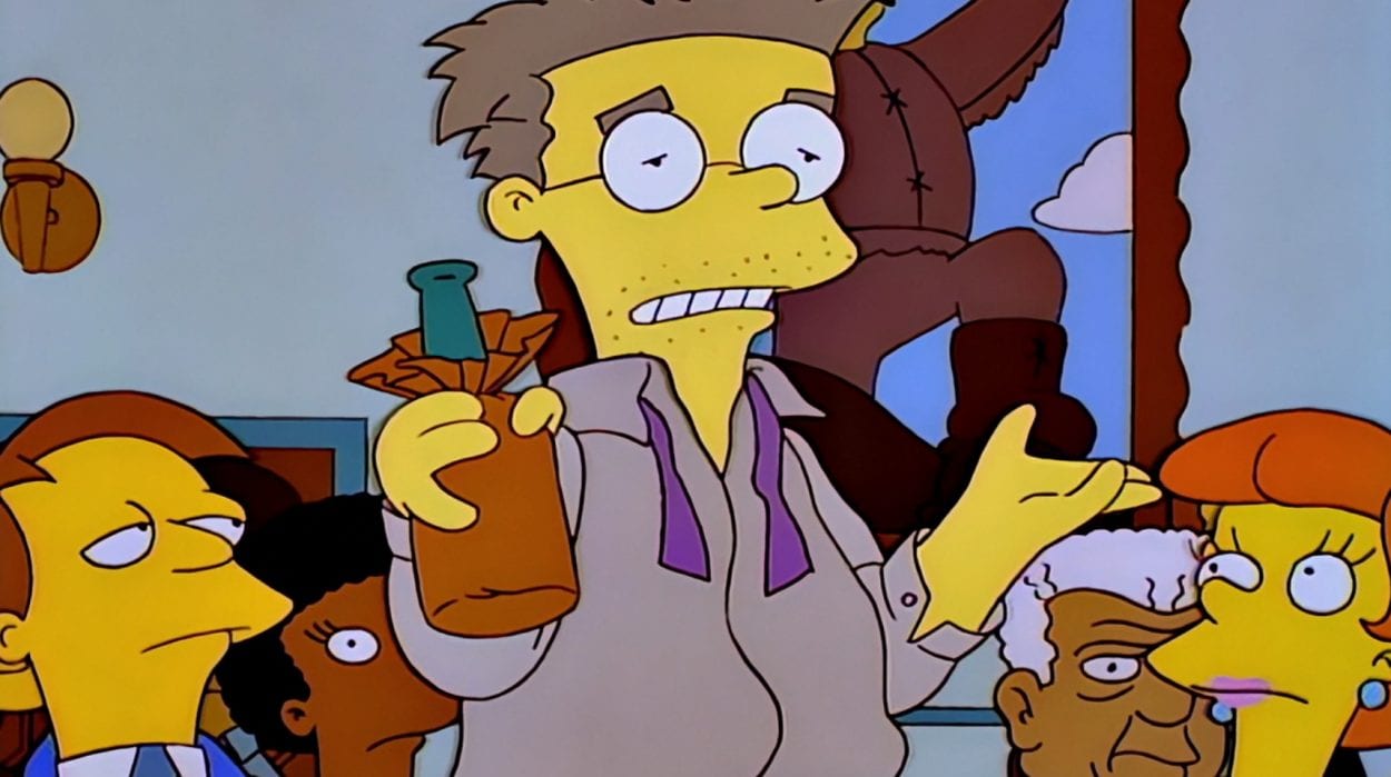 Smithers holding a bottle and looking disheveled
