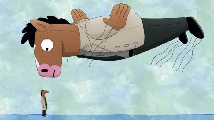 BoJack Horseman stares up at a giant floating balloon version of himself