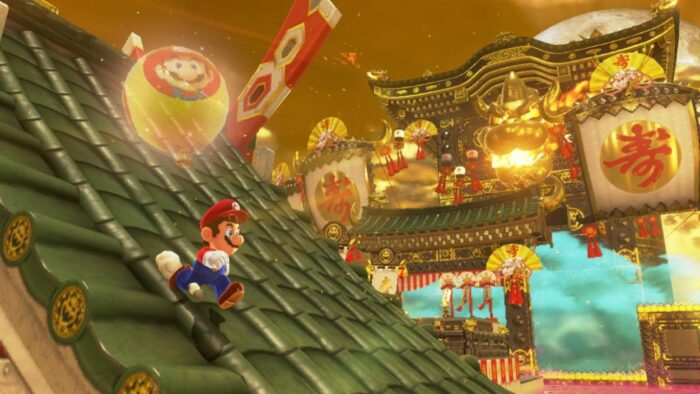 Mario running down the roof of a building in a later-game level