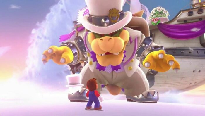 Bowser in a tuxedo towering over Mario. They are about to battle one another