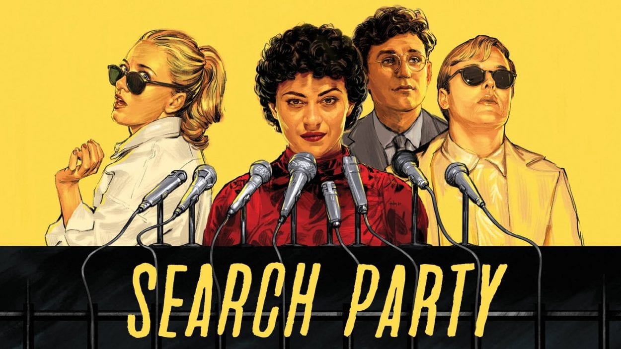 A sketch of the cast of Search Party (Portia, Dory, Drew, and Elliott) standing in front of press microphones with yellow Search Party below them and yellow surrounding them.