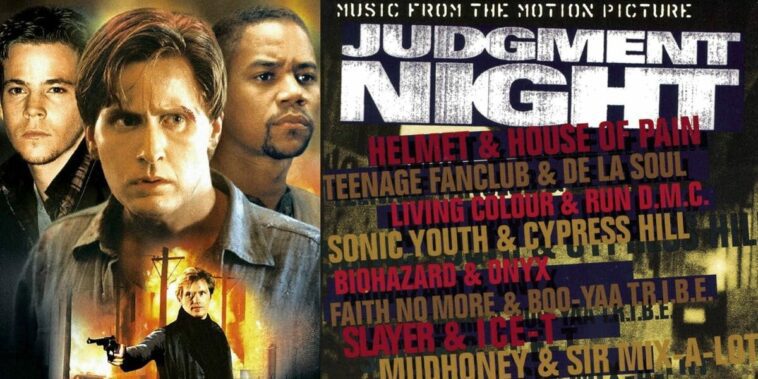 A cover of the soundtrack to Judgment Night featuring the cast and list of bands on the album.