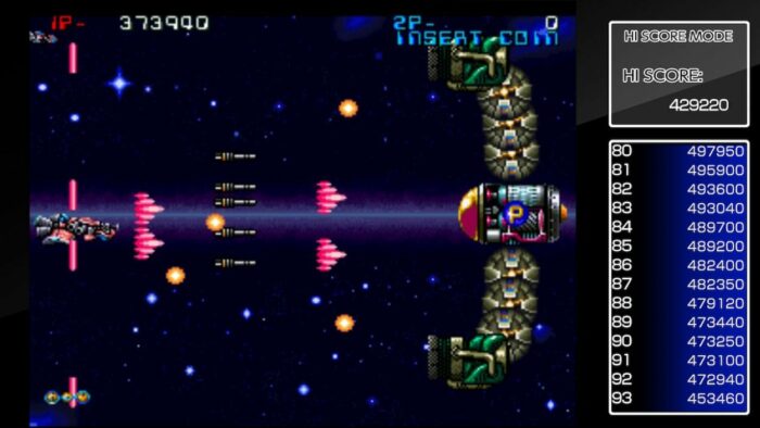 A battle against the second stage boss in Arcade Archives' Zed Blade.