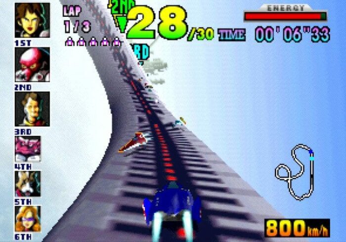 A race on the Big Blue course in F Zero X.